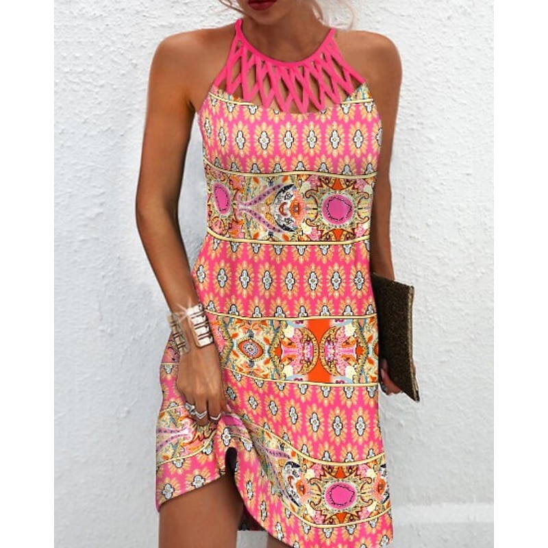 Women's Mini Dress Petite Dress Casual Dress Ethnic Dress Boho Dress Halter Neck Dress Fashion Stylish Modern Vacation Daily Date Regular Fit Geometric Print Sleeveless Halter Neck Pink Summer Spring