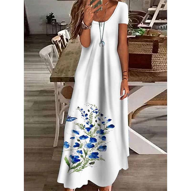 Women's Maxi Dress Casual Dress Shift Dress Long Dress White Blue Green Short Sleeve Floral Print Spring Summer Crew Neck Basic Daily Vacation Summer Dress 2023 S M L XL XXL 3XL4