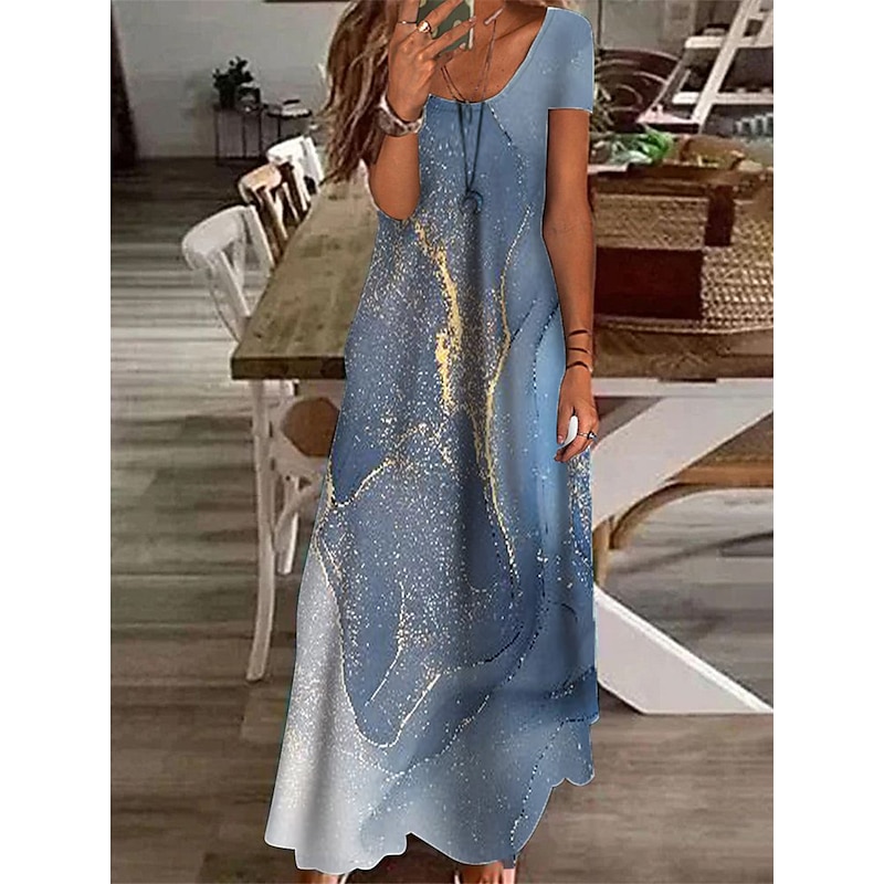 Women's Maxi Dress Casual Dress Shift Dress Elegant Vacation Casual Outdoor Vacation Daily Regular Fit Color Gradient Marble Short Sleeve V Neck Blue Light Blue Summer Spring2