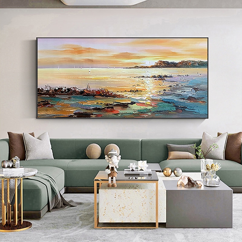 Handmade Oil Painting Canvas Wall Art Decoration Abstract Seascape Painting Colorful Seaside Sunset for Home Decor Rolled Frameless Unstretched Painting - Main Image