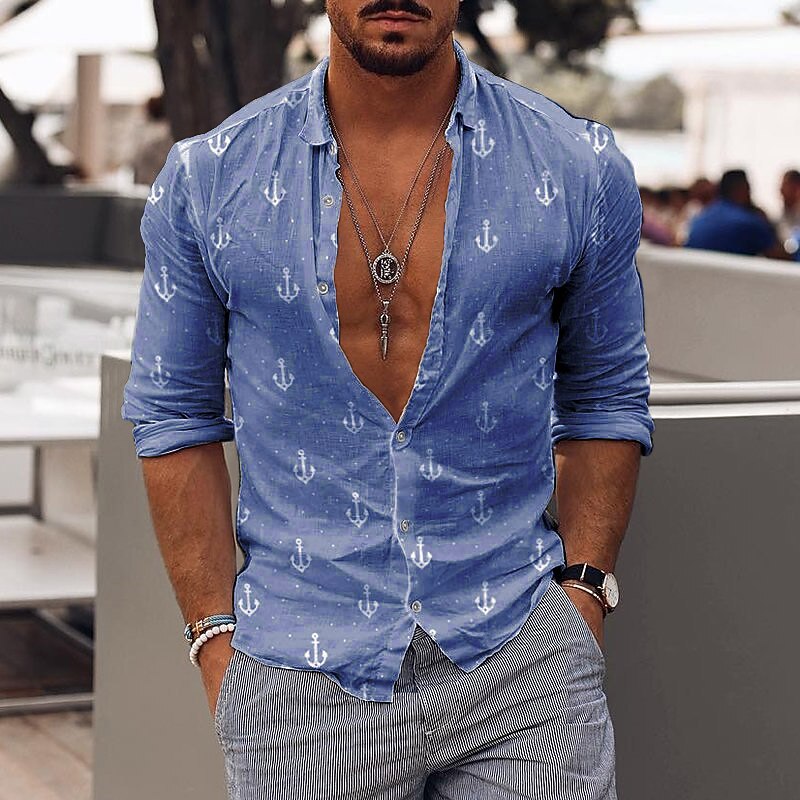 Men's Graphic Hawaiian Aloha Rudder Design Shirt Summer Hawaiian Shirt Long Sleeve Shirt Turndown Outdoor Street Light Green Navy Blue Blue Green Gray Button-Down Clothing Apparel Fashion Designer2