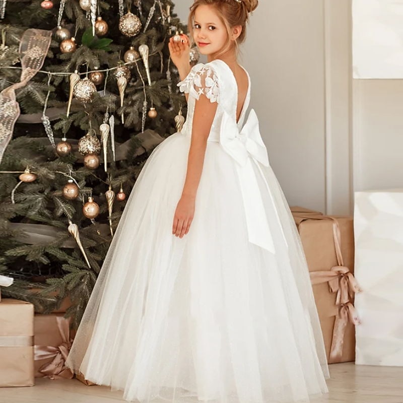 Flower Girl Dress Girls' Dress Princess Dress First Communion Dress Party Dress Performance Wedding Party Princess Sweet Mesh Print Flower Short Sleeve Crew Neck White 3-12 Years2