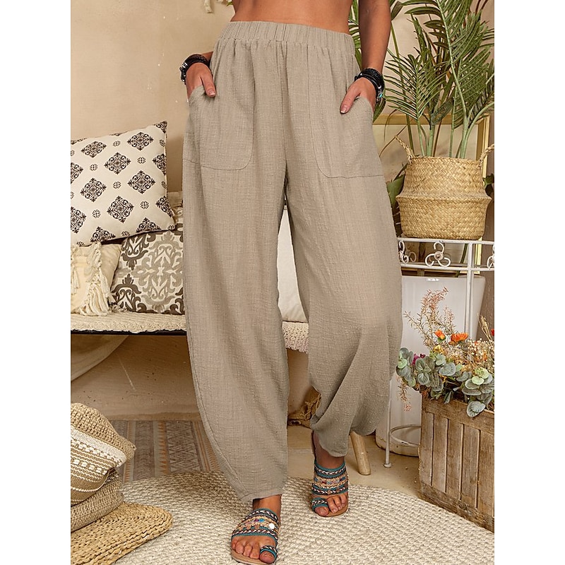 Women's Cotton Linen Pants Baggy Pants Harem Pants Comfort Solid Color Pocket Elastic Waist Causal Black White Army Green Dark Navy Summer Spring Fall4