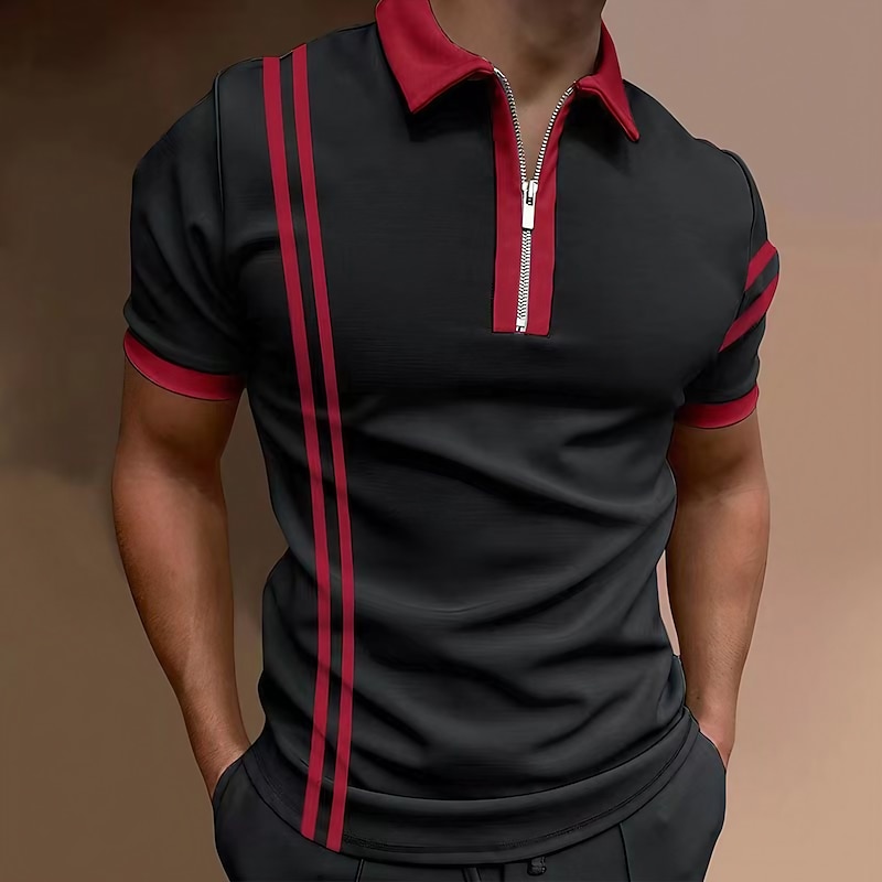 Men's Polo Shirt Quarter Zip Polo Going out golf shirts Turndown Quarter Zip Short Sleeve Sports Designer Striped Quarter Zip Spring & Summer Slim Wine Black / Red Black-White Black / Gray White Navy - Main Image