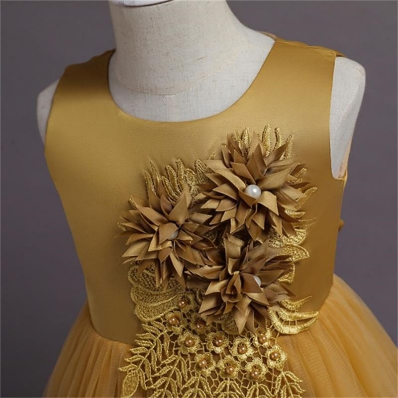 Kids Girls' Flower Girl Dress Dress Flower Sleeveless Wedding Party Patchwork Embroidered Elegant Princess Polyester Maxi Floral Embroidery Dress A Line Dress Summer Spring 4-13 Years White Yellow4