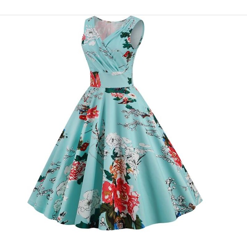 Retro Vintage Cocktail Dress Vintage Dress Knee Length Dress Flare Dress Normal Sleeveless Slim Fit Floral Print A-Line V Neck Fancy Dress Women's Carnival New Year Masquerade Date Dress Bachelorette2