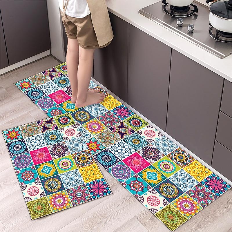 Boho Style Kitchen Mat Kitchen Rug Set of 2 Pcs,Perfect for Kitchen, Bathroom, Living Room, Soft, Absorbent Microfiber Material, Non-Slip, Easy Clean Machine Washable Floor Runner3