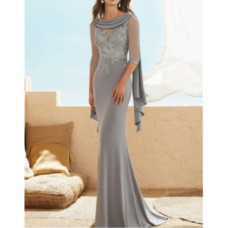 Sheath Mother of the Bride Dress Wedding Guest Elegant Plus Size Jewel Neck Floor Length Chiffon Lace Half Sleeve with Appliques Ruching