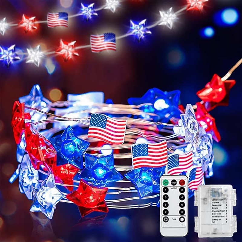 Patriotic 13FT 40LEDs String Lights with Remote Independence Day Decorations Lights Fourth of July Stars and Red White Blue String Lights 8 Modes Waterproof Fairy Lights for Home Decoration2