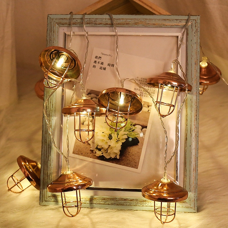Vintage Lantern LED String Lights 1.5m 10LEDs Battery/USB Powered Iron Lampshade Christmas Wedding Party Home Festive Decoration3