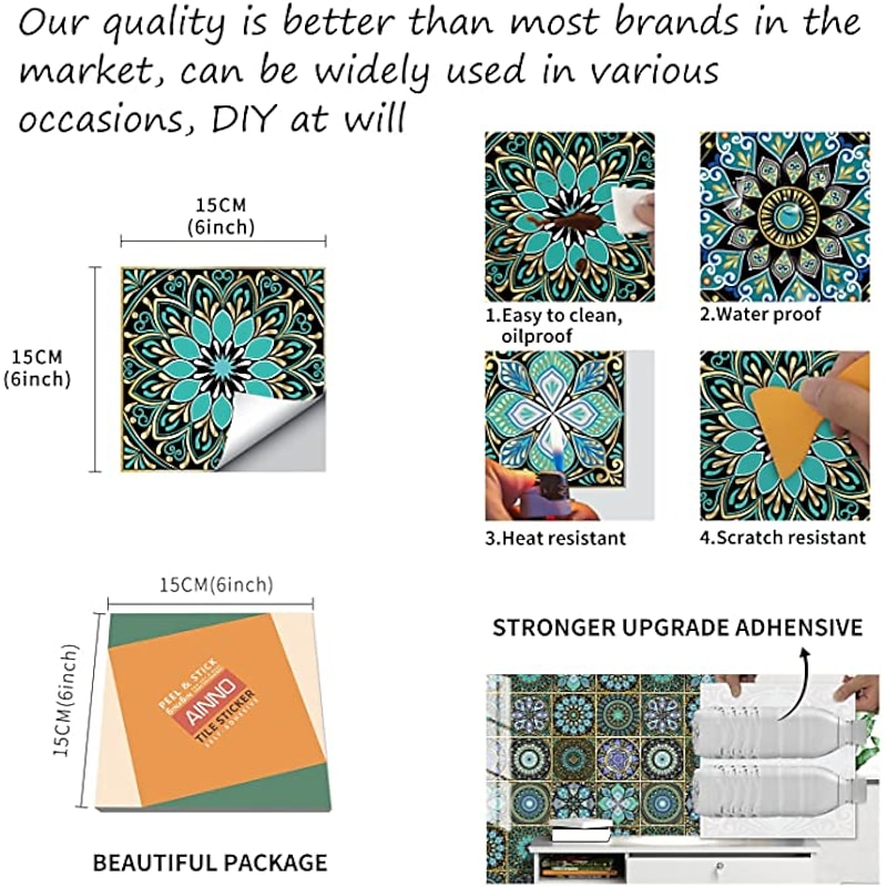 12PCS European-style Thickened Tile Self-adhesive Paper Dream Blue Kitchen Oil-proof And Waterproof Removable Wall Stickers3