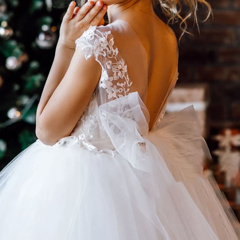 Flower Girl Dress Girls' Dress Formal Dress Princess Dress First Communion Dress Party Dress Performance Wedding Party Princess Sweet Easter Mesh Backless Flower Sleeveless V Neck White 3-12 Years2