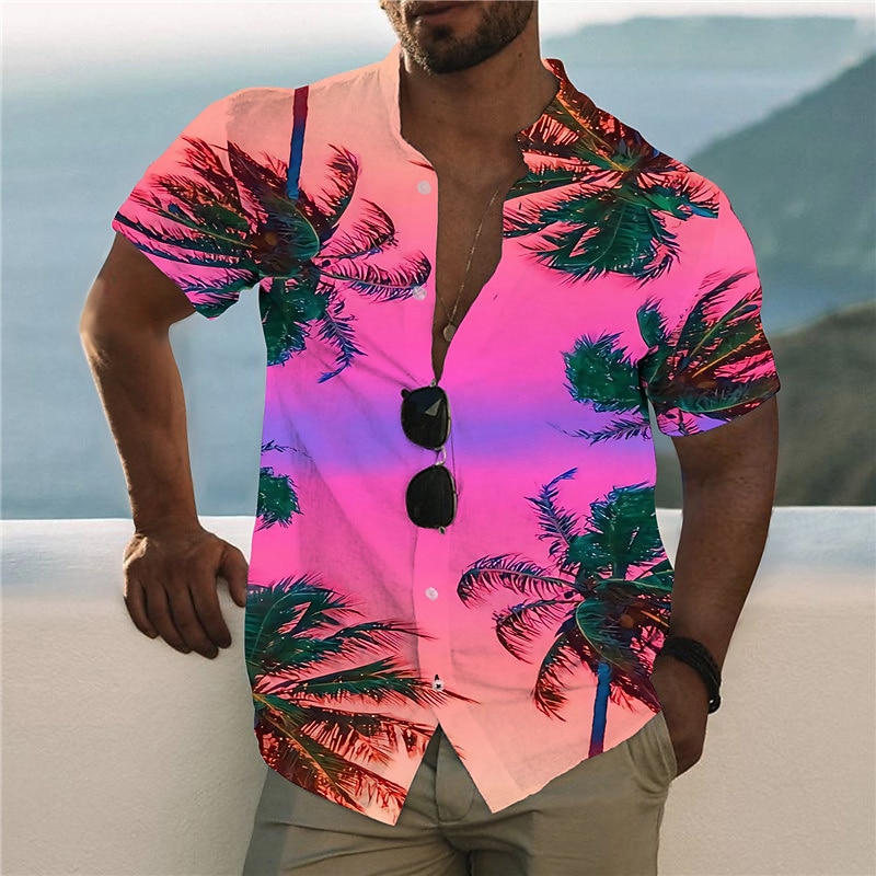 Men's Scenery Palm Tree Sunset Shirt Summer Hawaiian Shirt Aloha Shirt Short Sleeve Shirt Stand Collar Fashion Hawaiian Designer Outdoor Vacation Casual Light Pink Yellow Black / Purple 3D Print S M L