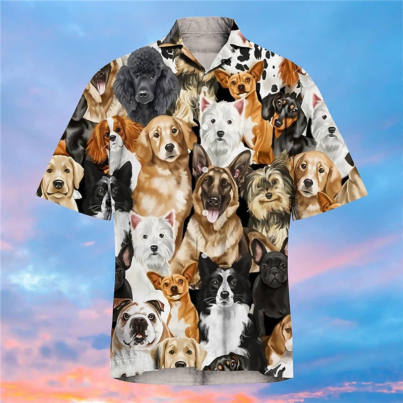 Men's Animal Dog Shirt Button Up Shirt Short Sleeve Fashion Designer Casual Outdoor Casual Holiday Summer Spring Turndown Print Button-Down Black