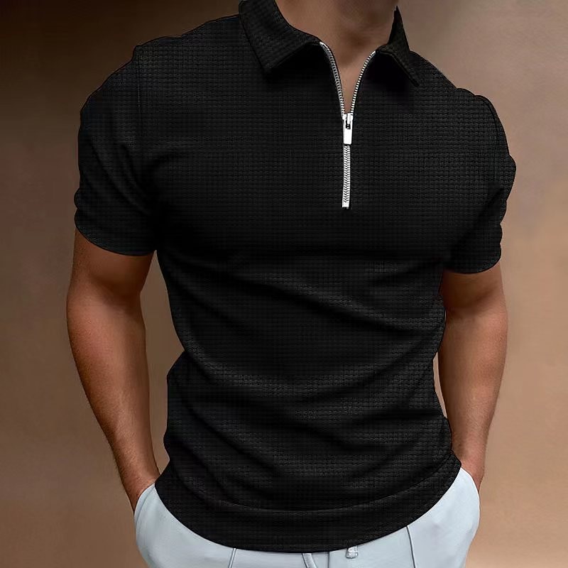 Men's Waffle Polo Shirt Golf Shirt Casual Quarter Zip Short Sleeve Sports Designer Solid Color Patchwork Zipper Summer Regular Fit Black Royal Blue Khaki Light Grey Dark Gray Waffle Polo Shirt3
