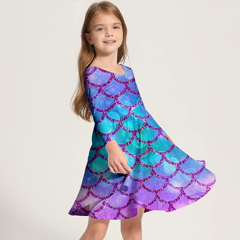 Girls' 3D Mermaid Dress Long Sleeve 3D Print Spring Fall Daily Holiday Vacation Cute Casual Sweet Kids 3-10 Years Swing Dress A Line Dress Above Knee Polyester Regular Fit3