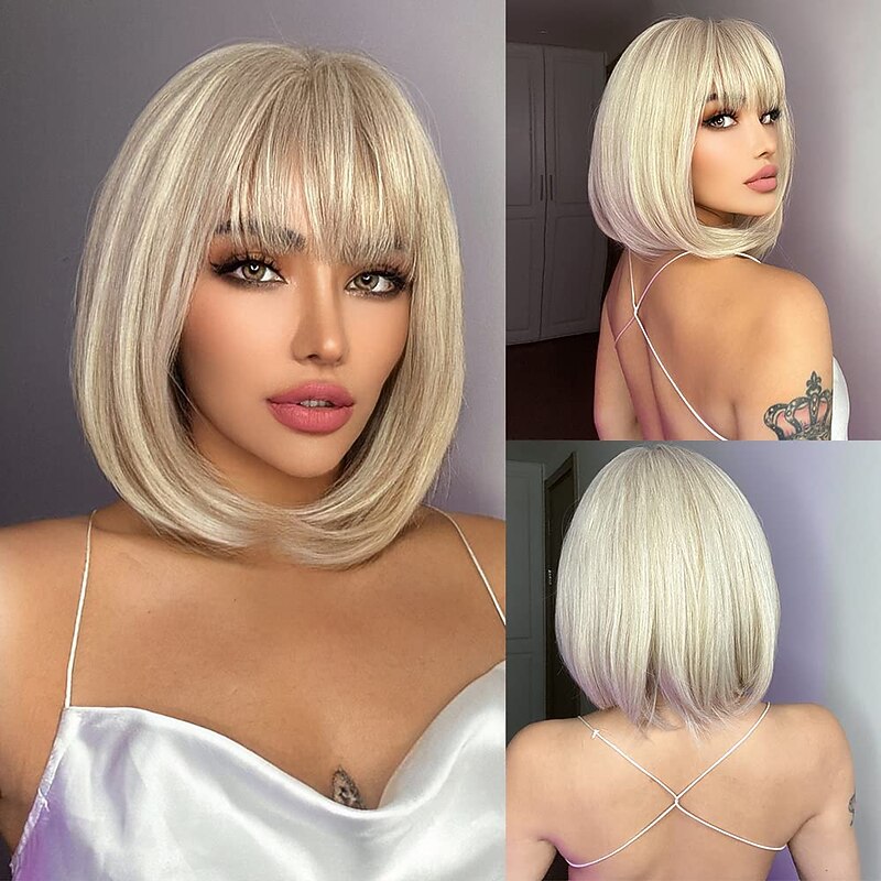 Blonde Bob Wig Platinum Blonde Bob Wig With Bangs 12 inch Short Platinum Blonde Wig With Black Root Synthetic Wigs for Daily Party Christmas Party Wigs barbiecore Wigs