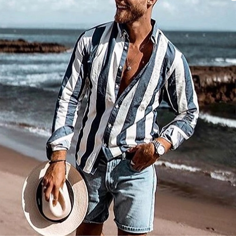Men's Striped Geometric Pattern Shirt Long Sleeve Sports Fashion Designer Daily Holiday Spring, Fall, Winter, Summer Turndown Button-Down Purple Green Blue-White Gray