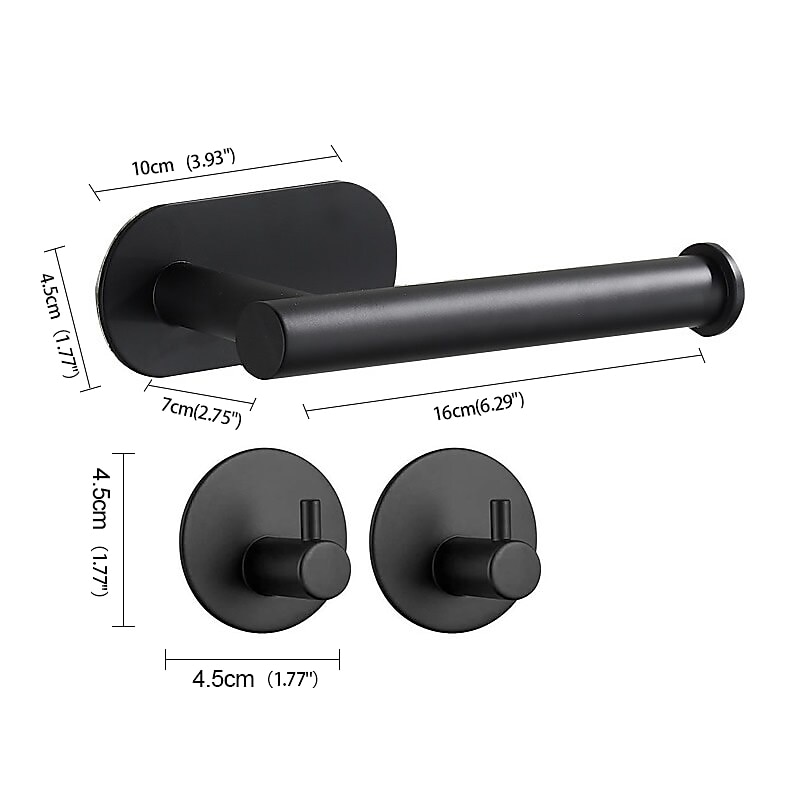 Toilet Paper Holder & 2Wall Hooks Sets Self Adhesive Wall Mount Stainless Steel Bathroom Accessories(Black/Golden/Silvery)2