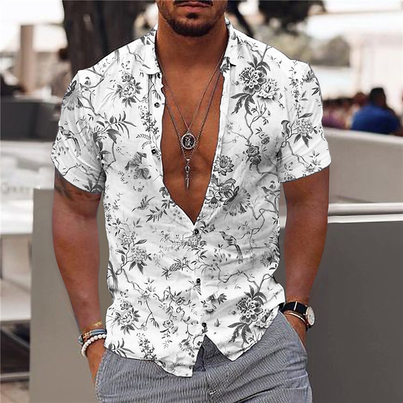 Men's Floral Tropical Flowers Leaves Shirt Summer Hawaiian Shirt Aloha Shirt Short Sleeves Shirt Turndown Fashion Designer Casual Outdoor Street Casual Yellow Light Green Blue 3D Print S M L3