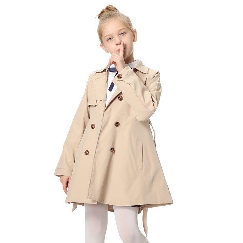 Kids Girls' Trench Coat Outerwear Plain Long Sleeve Pocket Coat Daily Cotton Active Adorable Khaki Fall Spring 2-12 Years2