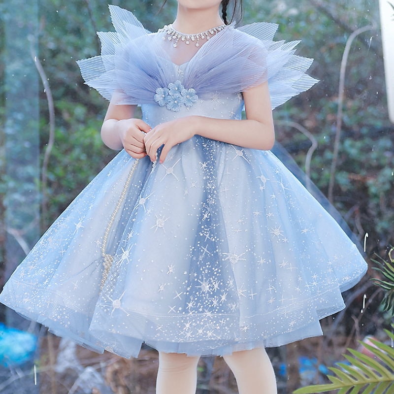 Kids Girls' Dress Sequin Short Sleeve Performance Party Mesh Sparkle Bow Princess Sweet Cotton Tulle Asymmetrical A Line Dress Tulle Dress Summer Spring 3-12 Years Blue