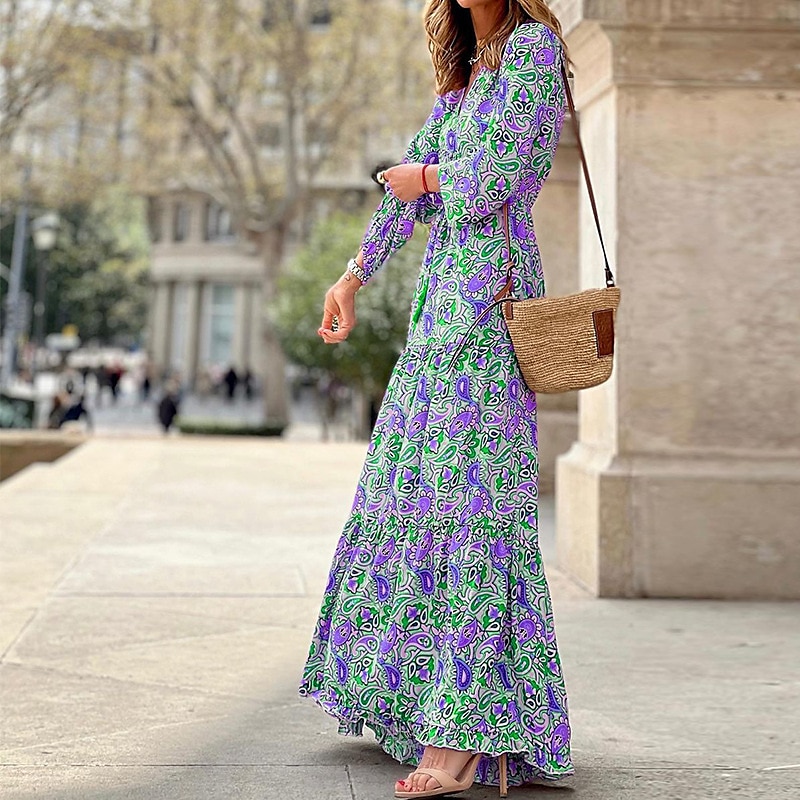 Women's Maxi long Dress Casual Dress Boho Chic Dresses Long Sleeve Boho Dress Boho Dress Elegant Bohemia Stylish Winter Dress Vacation Daily Regular Fit Floral Long Sleeve V Neck Pink Green Fall4