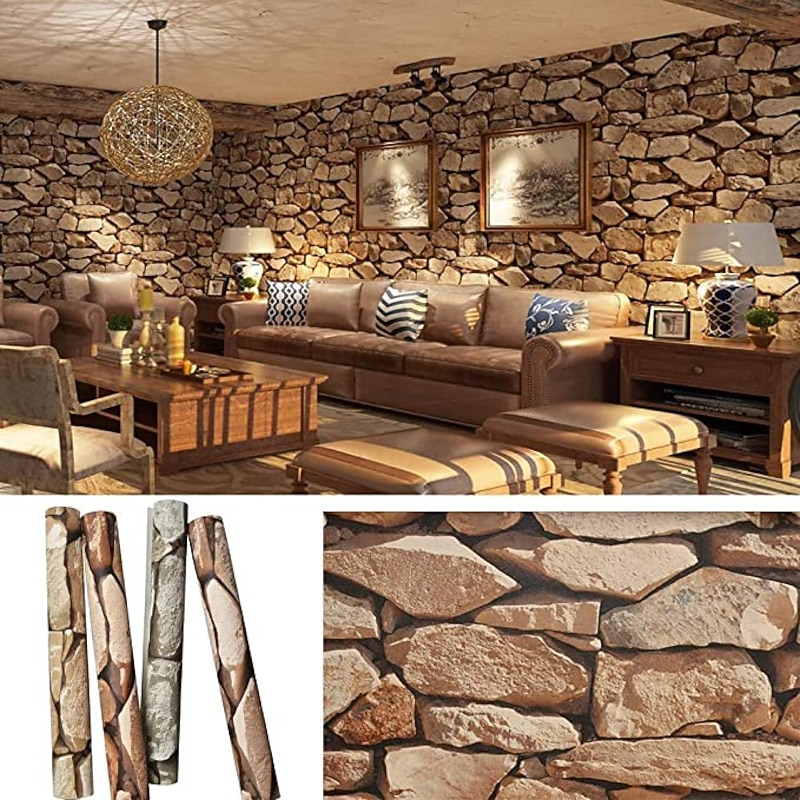 Cool Wallpapers Wall Mural Brick Wallpaper Brown 3D Rock Stone Wall Covering Adhesive Required PVC Home Décor 1000*53 cm