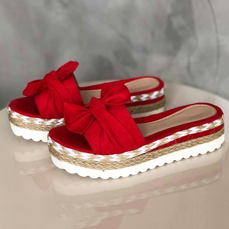 Women's White Bow Espadrille Platform Sandals – Casual Summer Slide-On Wedges with Braided Jute Sole4