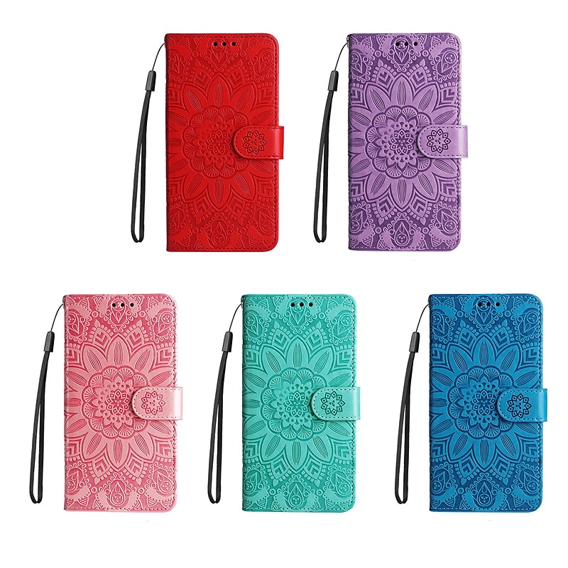 Phone Case For Samsung Galaxy S25 S22 S21 FE S21 Ultra Plus A54 A32 Wallet Case Flip Embossed with Wrist Strap Flower TPU PC
