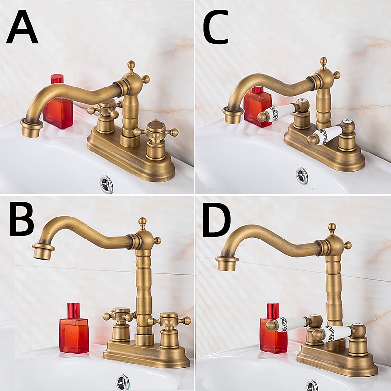 Antique Brass Centerset Faucet Two Handle, 360° Swivel Cross Knobs, Basin Mixer Tap Three Holes, Swivel Centerset Bathroom Sink Faucet2
