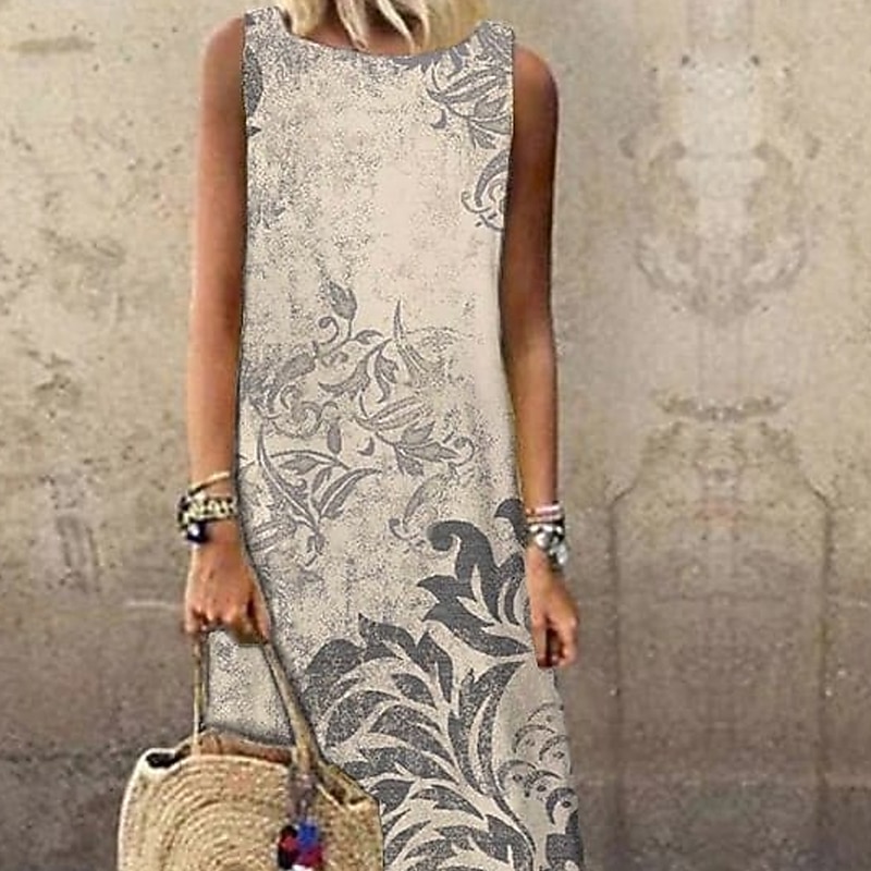 Women's Maxi Dress Sundress Shift Dress Summer Dress Elegant Casual Vacation Party Casual Regular Fit Floral Print Sleeveless Crew Neck Beige Summer Spring2