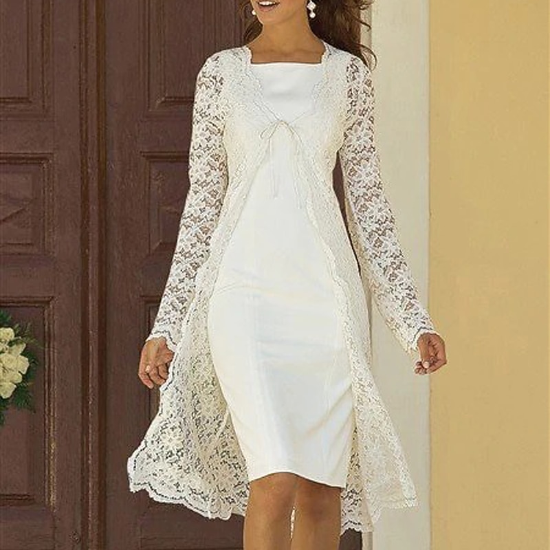Beach Wedding Two Piece Sheath Mother of the Bride Dress Wedding Guest Church Elegant Square Neck Knee Length Chiffon Lace Sleeveless Jacket Dresses with Solid Color