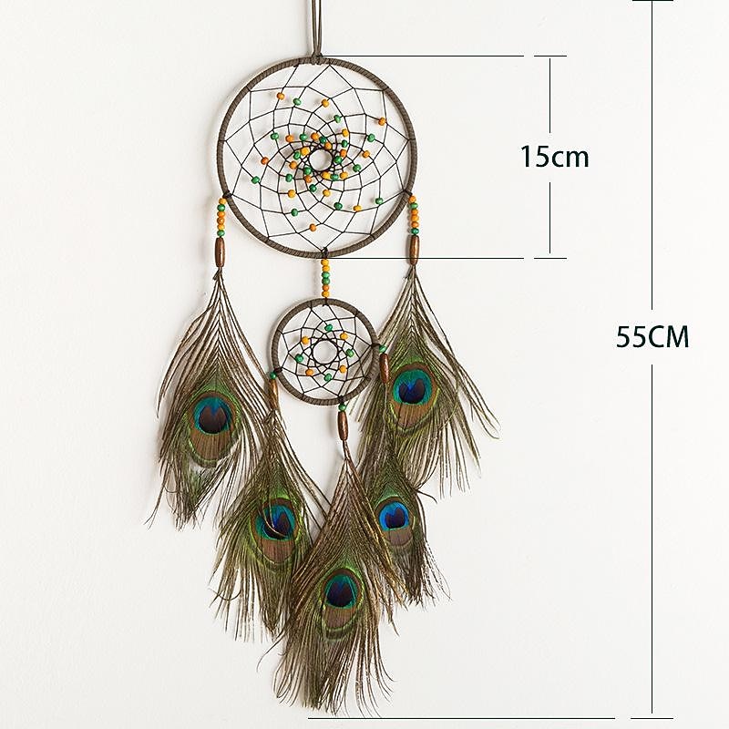 Green Dream Catcher Two Rings Handmade Gift with Noble Peacock Feather,Colorful Beads Wall Hanging Decor Art Hook Flower Wind Chimes Boho Style Home Pendant 15*55cm2