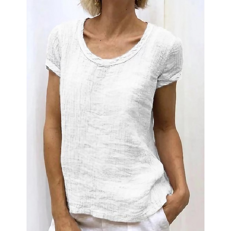 Women's Shirt Blouse Cotton Linen Shirts Plain Basic Short Sleeve Round Neck Regular Tops Casual White Pink Sky Blue Green Light Grey