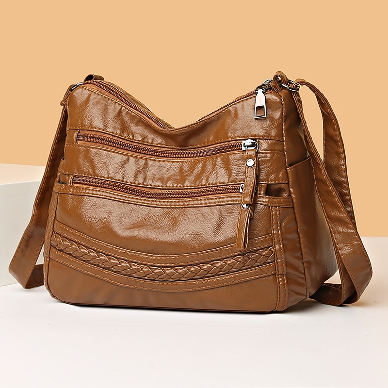 Brown Faux Leather Crossbody Bag for Women - Multi-Zip Casual Handbag with Adjustable Strap and Braided Accent, Perfect for Everyday Use and Travel