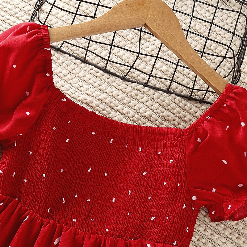 Kids Girls' Dress Polka Dot Short Sleeve Daily Puff Sleeve Princess Sweet Cotton Knee-length A Line Dress Summer Spring 4-12 Years Red3