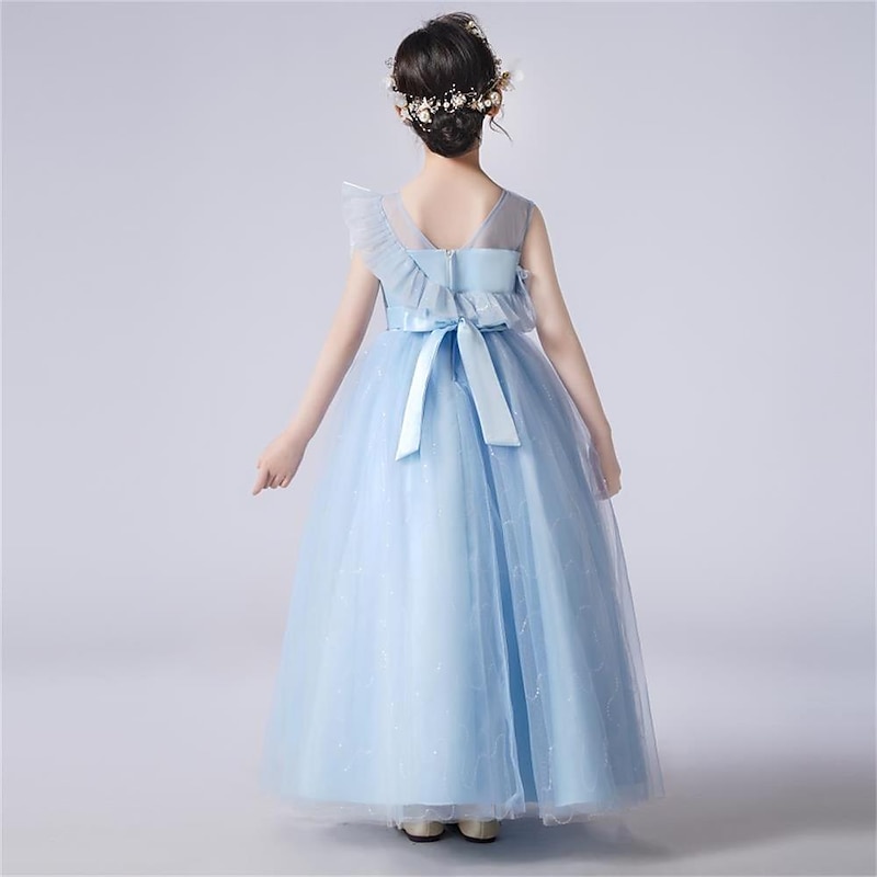 Kids Girls' Dress Solid Colored Tulle Dress Maxi Dress Party Beaded Sleeveless Cute Dress 4-13 Years Spring Blue Purple Champagne3