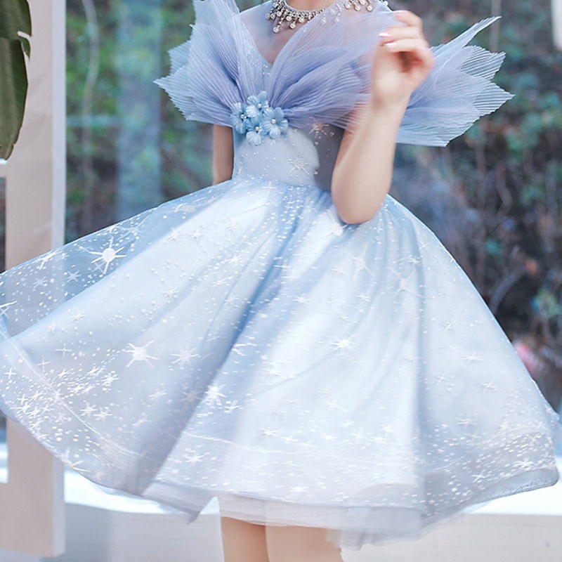 Kids Girls' Dress Sequin Short Sleeve Performance Party Mesh Sparkle Bow Princess Sweet Cotton Tulle Asymmetrical A Line Dress Tulle Dress Summer Spring 3-12 Years Blue4