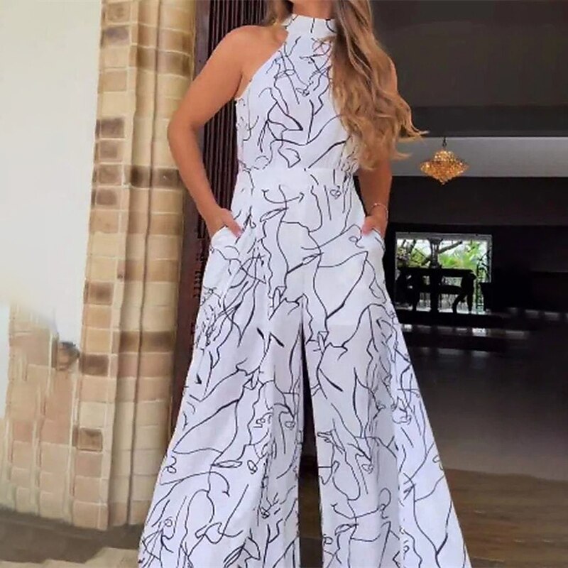 Women's Normal Jumpsuit Elegant Striped Sleeveless Stand Collar Pocket Print Wedding Party Regular Fit Black White Yellow Summer3