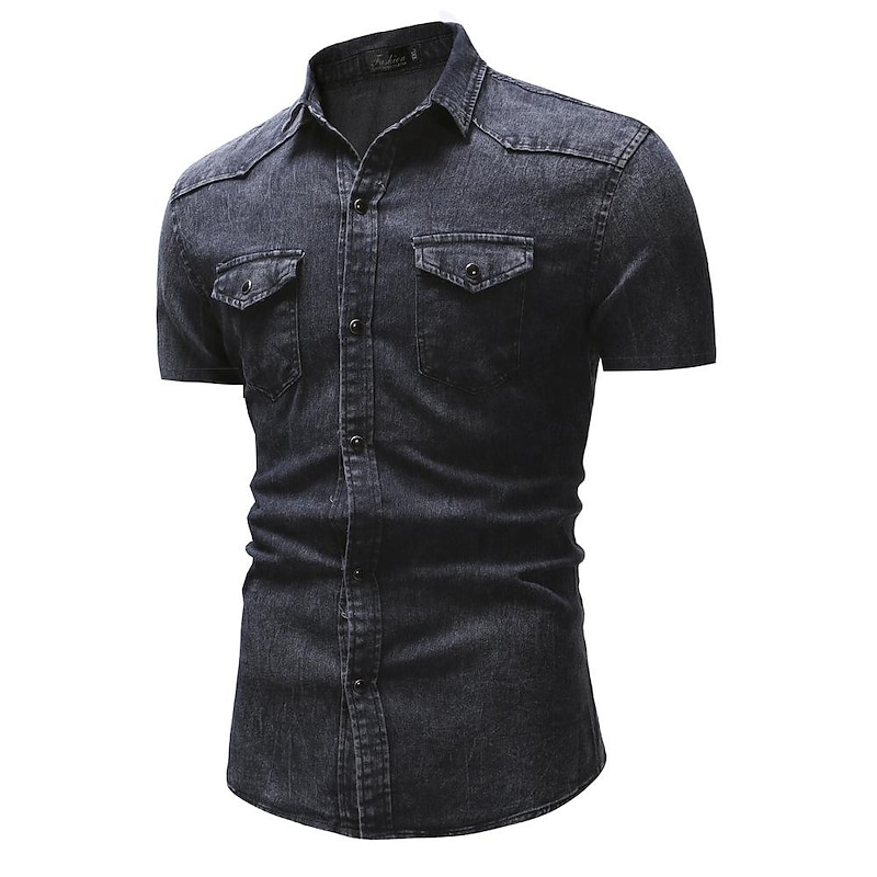 Men's Shirt Chambray Shirt Summer Shirt Jeans Shirt Button Up Shirt Cargo Shirt Light Blue Navy Blue Light Grey Dark Grey Short Sleeve Plain Turndown Vacation Street Denim Clothing Apparel Denim