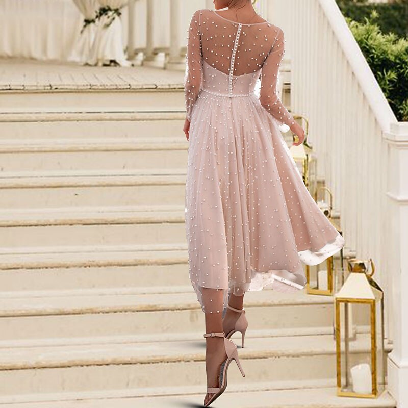 Reception Little White Dress Bridal Shower Dresses Wedding Dresses A-Line Illusion Neck Long Sleeve Tea Length Satin Bridal Gowns With Pearls Beading2