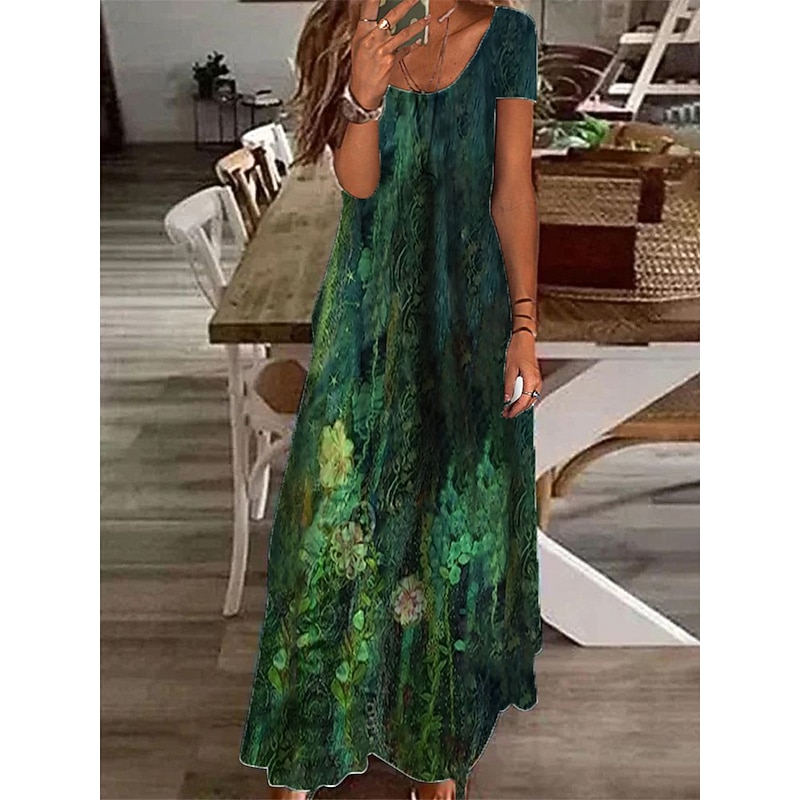 Women's Maxi Dress Casual Dress Shift Dress Elegant Vacation Casual Outdoor Daily Regular Fit Floral Short Sleeve V Neck Green Gray Summer Spring
