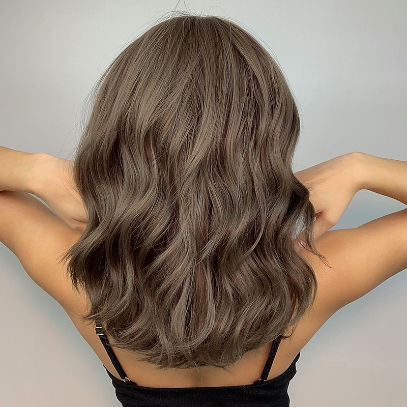 HAIRCUBE Wigs Dark Brown Short Water Wave Wigs With Bangs mushroom brown Hair Color For Women4