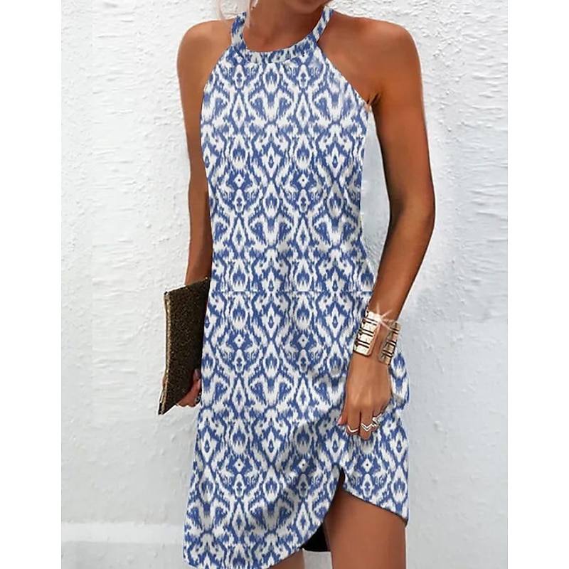 Women's Mini Dress Petite Dress Sundress Summer Dress Halter Dress Casual Vacation Daily Cocktail Party Regular Fit Print Sleeveless Halter Neck Strapless Blue Summer Spring