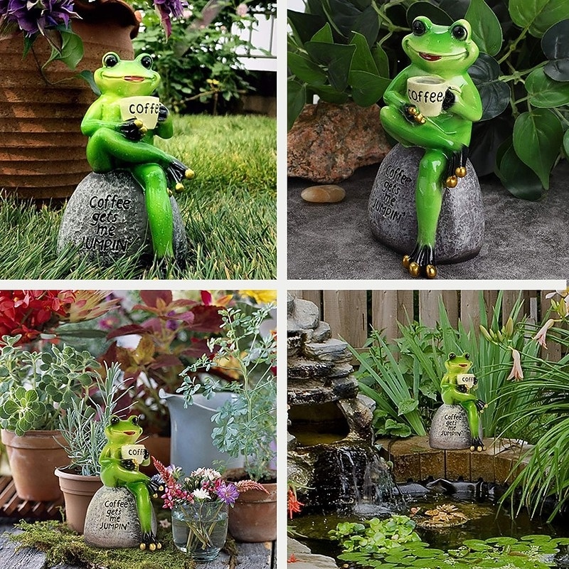 Songlake Creative Cute Frog Statue Garden Frog Drinking Coffee Resin Statuette Craft Decoration Sculpture Indoor Outdoor Garden Decoration4