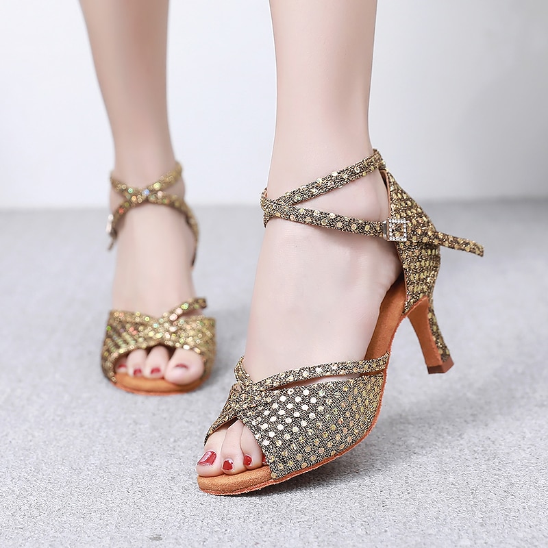 Women's Latin Shoes Dance Shoes Indoor Professional ChaCha Glitter Crystal Sequined Jeweled Softer Insole High Heel Round Toe Buckle Adults' Dark Brown / Sparkling Glitter / Satin 19