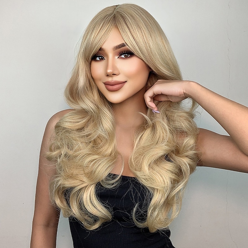 HAIRCUBE Blonde Hair Body Wavy Synthetic Wigs With Bangs Auburn Pink Cosplay Wigs for White Women3