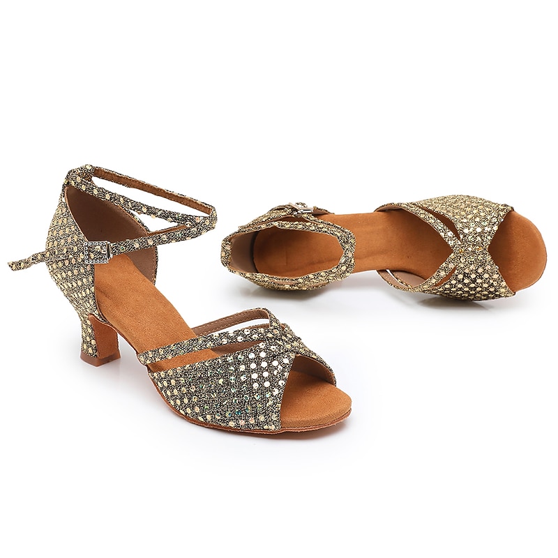 Women's Latin Shoes Dance Shoes Indoor Professional ChaCha Glitter Crystal Sequined Jeweled Softer Insole High Heel Round Toe Buckle Adults' Dark Brown / Sparkling Glitter / Satin 14