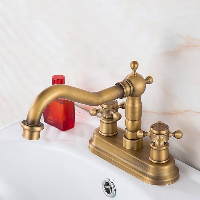 Antique Brass Centerset Faucet Two Handle, 360° Swivel Cross Knobs, Basin Mixer Tap Three Holes, Swivel Centerset Bathroom Sink Faucet3